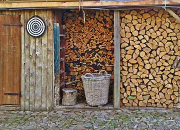 Drewno kominkowe ułożone w szopie, obok kosz i tarcza do rzutek. Widać różne sposoby, jak układać drewno kominkowe, by było suche i gotowe do palenia.