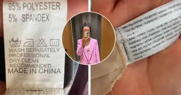 Metka odzieży z napisem "Made in China" i składem 95% poliester, 5% spandex. Może to być jedna z przyczyn wysokich marż w handlu odzieżą i obuwiem.