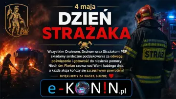 4 maja, Dzień Strażaka. Strażacy gaszą pożar, w tle wóz strażacki i herb. Podziękowania za służbę.