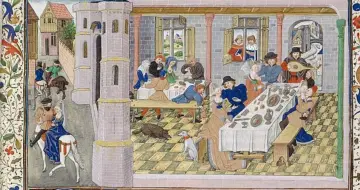 Scena z życia dworskiego, ilustracja do literatury średniowiecza: uczta, muzyka, jazda konna.