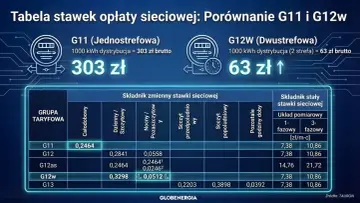 Porównanie taryfy urzędowej za prąd G11 (303 zł) i G12w (63 zł). Tabela pokazuje stawki zmienne i stałe dla różnych grup taryfowych.
