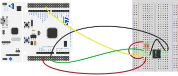 Połączenie mikrokontrolera z układem 24AA01 przez magistralę i2c. Żółty przewód to SCL, zielony to SDA.