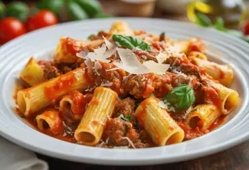 Macarrones con carne picada, cubiertos con salsa de tomate y queso rallado, adornados con hojas de albahaca fresca. ¡Un plato delicioso!