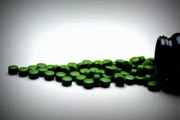 Zielone tabletki chlorelli rozsypane z czarnego pojemnika. Kiedy je brać: chlorella rano czy wieczorem?