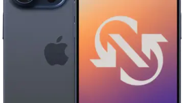 Ciemnoszary iPhone z logo Apple obok ekranu z gradientem i białym symbolem odświeżania, nawiązującym do iOS 15.