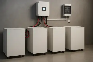 System magazynowania energii do domu: trzy białe baterie połączone z falownikiem na ścianie.