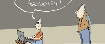 Chłopiec pyta, czy ma bierne prawo wyborcze, siedząc przy laptopie. Starszy mężczyzna patrzy na niego zamyślony.