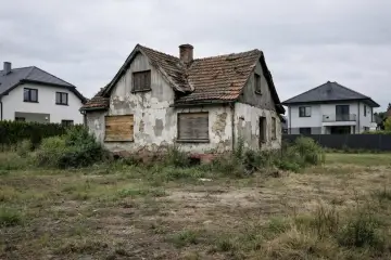 Zrujnowany dom do rozbiórki, z odpadającym tynkiem i zabitymi deskami oknami, stoi na tle nowoczesnych budynków.