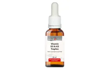 Braune Glasflasche mit Pipette, gefüllt mit Vitamin D3 & K2 Tropfen.