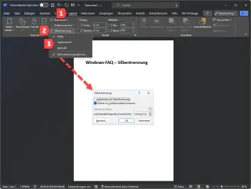 Menüpunkt "Layout" > "Silbentrennung" > "Automatisch" ausgewählt. Dialogfeld "Silbentrennung" mit Option "Automatische Silbentrennung" ist geöffnet.