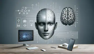 Cyfrowa twarz z kodem binarnym, mózg i ikony technologii. Rozpoznawanie twarzy (face id) w erze sztucznej inteligencji.
