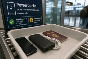 Na lotnisku Ryanair, w tacce do kontroli bezpieczeństwa leży powerbank, telefon i paszport.