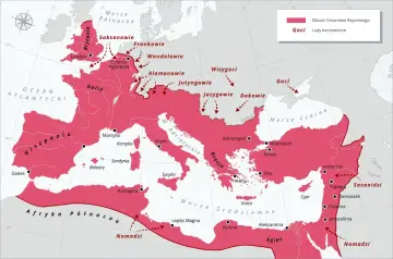 Mapa starożytnego Rzymu z zaznaczonymi terenami podbitymi i migracjami ludów koczowniczych, takich jak Goci.