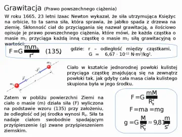 Prawo powszechnego ciążenia opisuje siłę przyciągania między masami. Newton odkrył, że jabłko spada na ziemię dzięki tej samej sile, co Księżyc na orbicie.