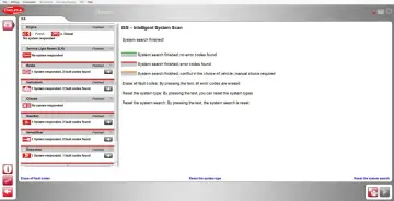 Oprogramowanie Delphi DS150E pokazuje wyniki skanowania systemów pojazdu, w tym znalezione błędy.