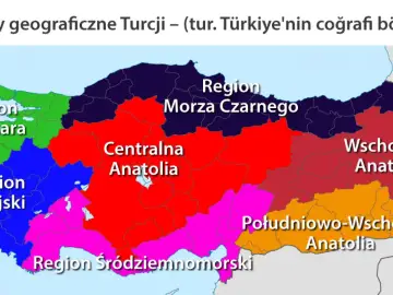 Mapa pokazuje, gdzie leży Turcja, podzielona na regiony: Morze Czarne, Centralna Anatolia, Południowo-Wschodnia Anatolia i Region Śródziemnomorski.