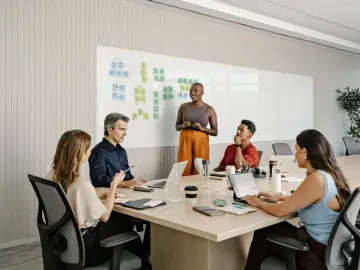 Zespół dyskutuje o strategii rozwoju, wykorzystując tablicę z notatkami. W tle widać logo Adyen, sugerujące, że firma może być partnerem w ich innowacyjnych rozwiązaniach płatniczych.