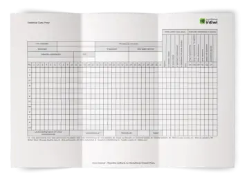 Formularz ewidencji czasu pracy z polami do wpisania danych, dni i rodzajów nieobecności.