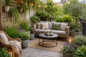 Przytulny balkon z rattanową sofą, wiklinowym fotelem i mnóstwem zieleni. Idealne miejsce, by usiąść i zastanowić się, co na balkon.
