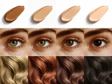 Muestras de bases de maquillaje, ojos y cabello en una paleta de colores cálidos de otoño.
