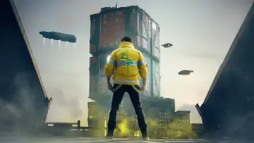 Mężczyzna w żółtej kurtce stoi na dachu, patrząc na futurystyczne miasto. W tle widać latające pojazdy i wysokie budynki, tworząc atmosferę cyberpunk Orion.