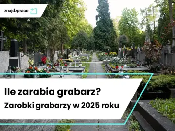 Cmentarz z alejkami i nagrobkami. Tekst: "Ile zarabia grabarz? Zarobki grabarzy w 2025 roku".
