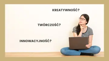 Młoda kobieta z laptopem zastanawia się nad synkretyzmem kreatywności, twórczości i innowacyjności.