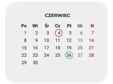 Kalendarz Czerwiec. Kiedy wakacje 2026? Zaznaczono 4 i 26.