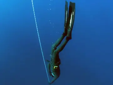 Nurkini w czarnym skafandrze, z płetwami na nogach, opada w głąb oceanu, kierując się liną. To moment bicia freediving rekord.