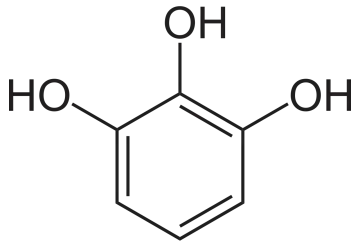 Chemische Struktur von Pyrogallol, einem Derivat des Phenols mit drei Hydroxylgruppen am Benzolring.