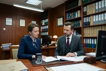 Kobieta i mężczyzna w garniturach omawiają dokumenty przy biurku. W tle regały z aktami, sugerujące sprawy dotyczące wspólności majątkowej.