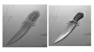 Dos dibujos de un cuchillo, uno en proceso y otro realista con brillo.