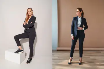 Dwie kobiety w eleganckich garniturach. Jedna w sportowych butach, druga w szpilkach. Jakie buty do garnituru damskiego zimą?