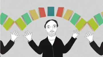 Mężczyzna z brodą otoczony łukiem kolorowych książek. Dwie pary rąk wyciągają się ku niemu. Może to być ilustracja do pamfletu o edukacji.
