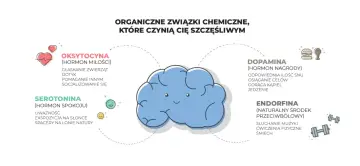 Dopamina, hormon nagrody, uwalnia się podczas snu, osiągania celów, kąpieli i jedzenia. Obrazek przedstawia mózg i związki chemiczne szczęścia.