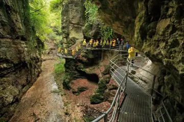 Un gruppo di turisti con impermeabili gialli esplora il **rio sass fondo**, un canyon verdeggiante con passerelle metalliche che si snodano tra le rocce.