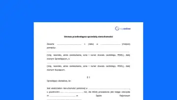 Umowa przedwstępna sprzedaży nieruchomości. Dokument zawiera pola do wpisania danych sprzedającego i kupującego, daty i miejsca zawarcia umowy.
