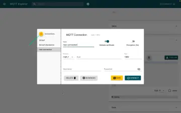 MQTT Explorer interface showing a new connection dialog. The user is creating a "new connection" with protocol "mqtt://", host, username, and password fields.