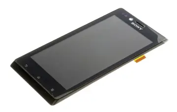 Czarny ekran dotykowy do telefonu Sony Xperia J z widocznym złączem taśmowym.