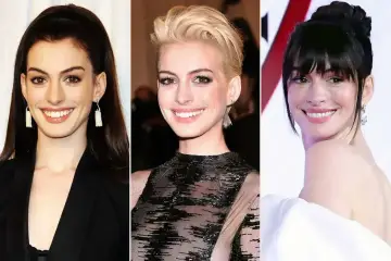 Trzy uśmiechnięte twarze Anne Hathaway w różnych fryzurach i stylizacjach. Wyobraź sobie, że to jej dzieci patrzą na nią z podziwem.