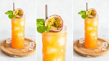 Orzeźwiający drink z mango, lodem i marakują, udekorowany listkami mięty. Idealny na upalne dni.