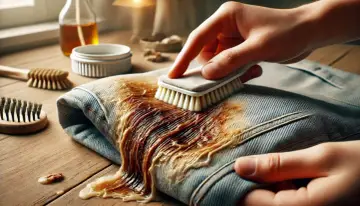 Dłoń szczotkuje plamę wosku na jeansach. W tle butelka z płynem i inne szczotki. Jak zmyć wosk z ubrań?