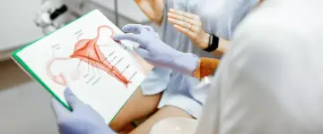 Lekarz omawia z pacjentką budowę układu rozrodczego, wyjaśniając potencjalne choroby układu rozrodczego.