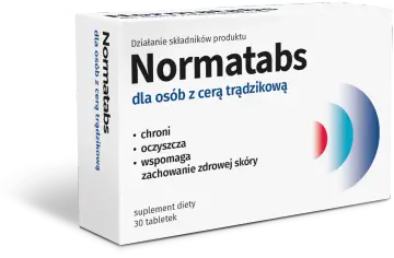 Opakowanie suplementu diety Normatabs dla osób z cerą trądzikową. Wspomaga zachowanie zdrowej skóry.