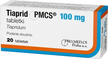 Opakowanie leku Tiaprid 100 mg, zawierające 20 tabletek. Tiapridum to substancja czynna.