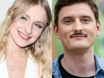 Uśmiechnięta Kaśka Sochacka i jej mąż, ujęci w dwóch kadrach.