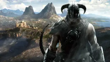 Wojownik z hełmem i rogami, na tle gór i zamku. Zapowiedź gry Skyrim 6.