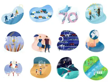 Ilustracje pokazują, co to jest Unia Europejska: wspólny rozwój, handel, pokój, wolność, transport, solidarność i wspólne wartości.