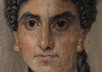 Portret kobiety z kolczykami, wykonany techniką enkaustyki. Widać fakturę wosku i żywe kolory.
