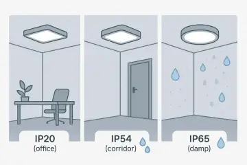 Ilustracja pokazuje lampy o różnym stopniu ochrony IP. IP20 w biurze, IP54 w korytarzu, IP65 w wilgotnym pomieszczeniu.